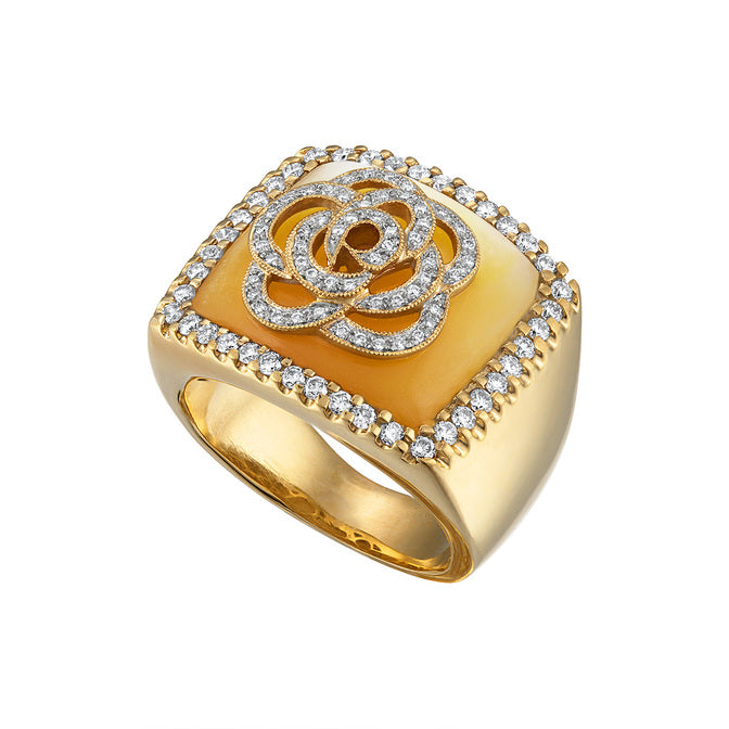 18K YELLOW GOLD DIAMOND & MOTHER OF PEARL FLOWER RING